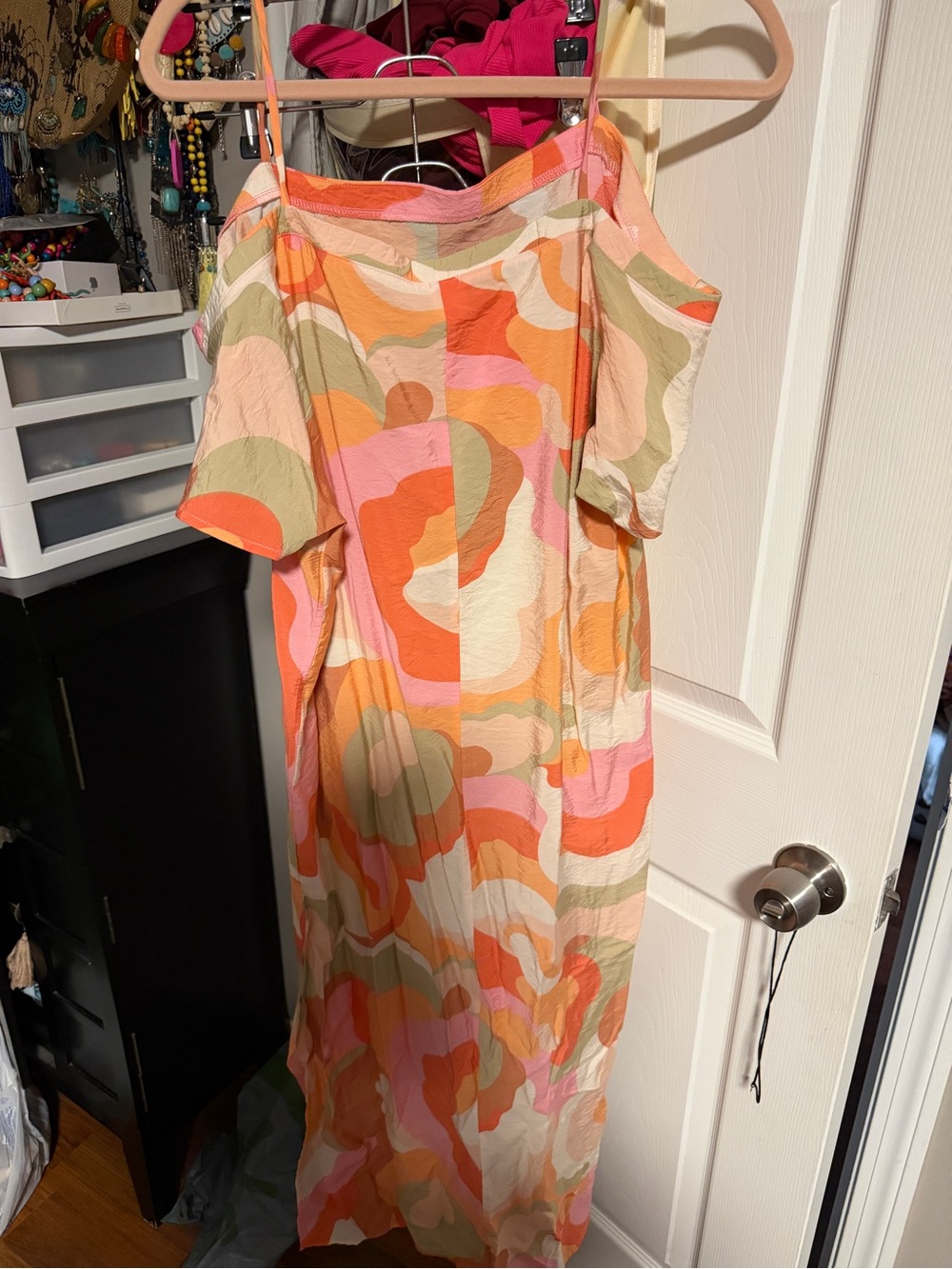 Off-Shoulder Multi-Color Abstract Midi Dress - Pink, Orange & Cream